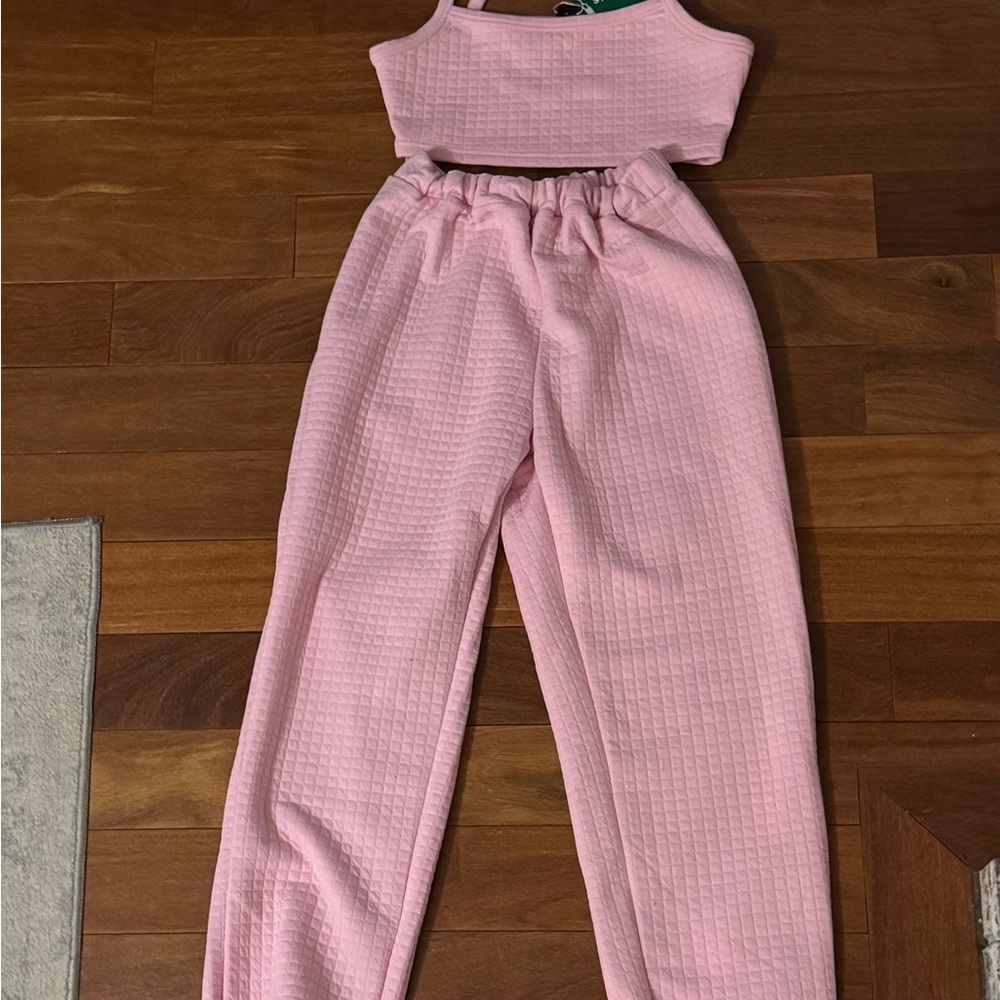 SHEIN Pink Textured Track Pants & Crop Top Set